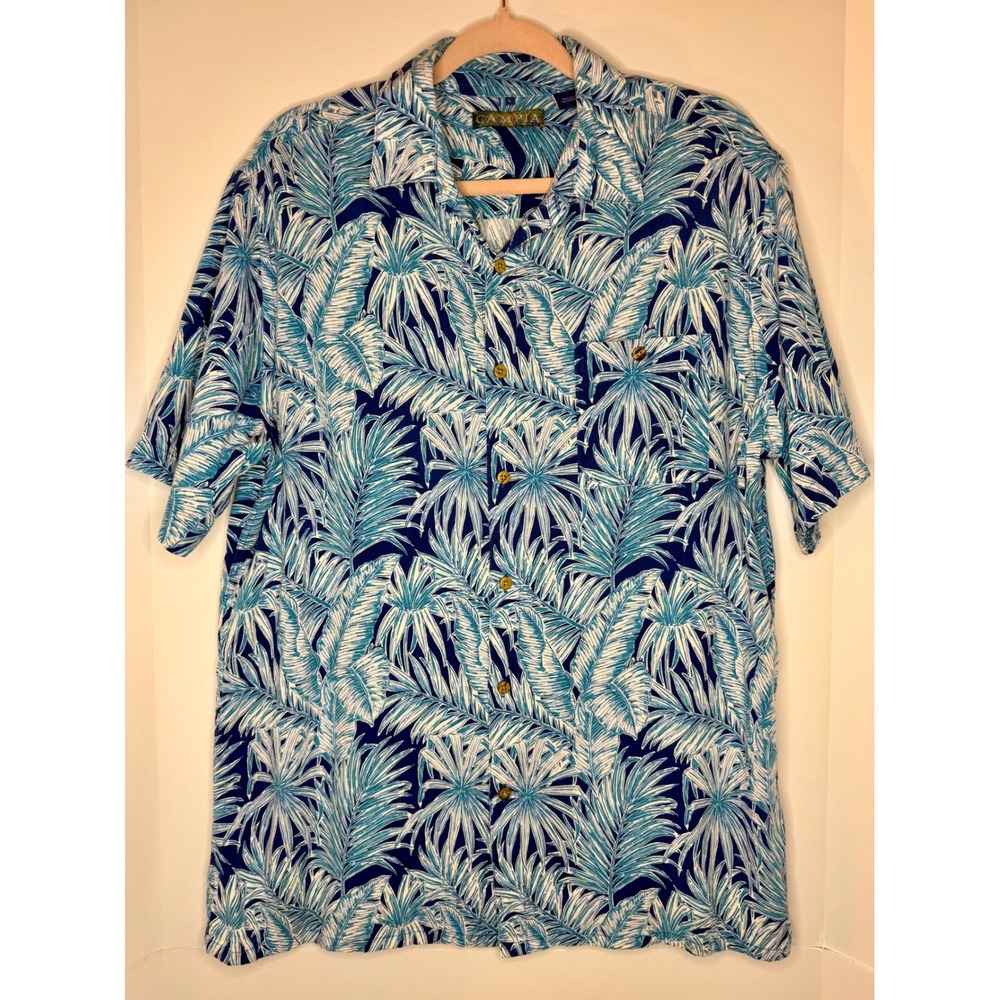 Campia Moda Mens Large Blue White Tropical Palm Leaf Rayon Button Down Shirt